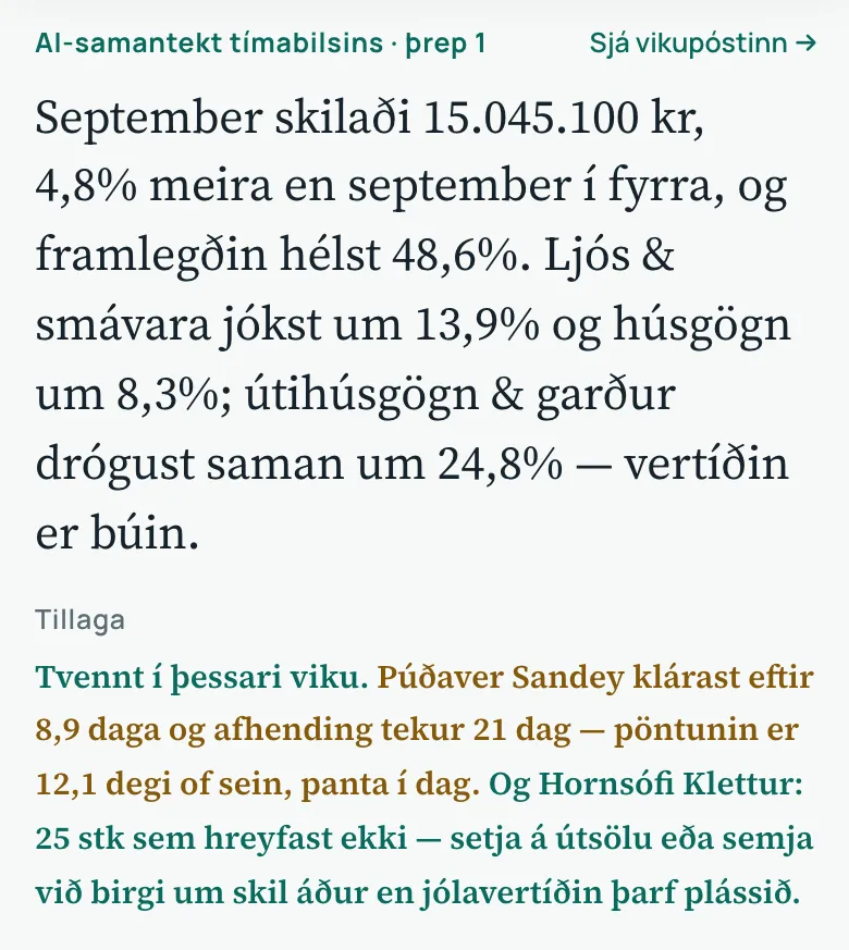 AI-samantektin efst á rekstrarmælaborðinu eins og hún birtist í síma: hvað gerðist og tillaga um næsta skref